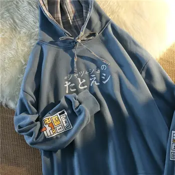 2021 Mėlynos Spalvos Pledas Kratinys Hoodie Hip-Hop Streetwear Japonija Kanji Spausdinti Palaidinukė Moterų Kawaii Paauglių Drabužių Harajuku Mados