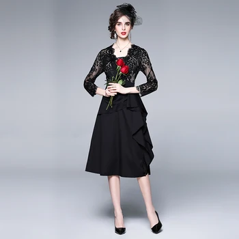 2021 Naujas Mados Ponios Nėriniai Suknelė Moterims Kvadratinių Kaklo Elegantiška Vintage Sujungimas Grybelio Akių Kratinys Nėrinių Ilgai Vestidos