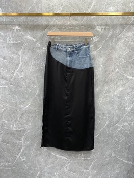 2022 naujas moterų mados seksualus susiuvimo kontrasto spalvos džinsinio audinio apačia ritininės maišelį klubo elegantiškas ilgas sijonas 0715