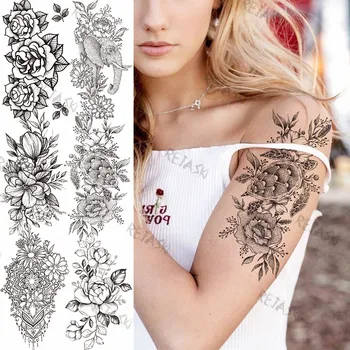 3D Vėžlių Gėlių Laikinos Tatuiruotės Moterys Mergina Dramblys Pakabukas Floros Realus Netikrą Tatuiruotę Užsakymą Juoda Raištį Tatuiruotė