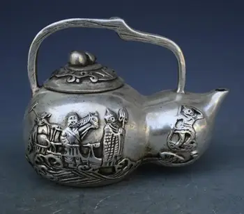 Antikvariniai MingDynasty Rankų darbo sidabro arbatinukas XI JUMS JI Kuravimo keturi žmonės,Ranka raižyti amatų,geriausia kolekcija ir puošmena
