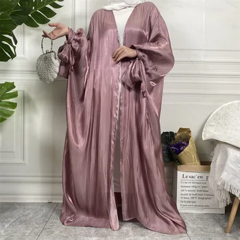Atidaryti Abaja arabų Kimono Islamas Blizga Satino Nėriniai-up Rankovėmis Turkijos Musulmonų Suknelė Kaftan Afrikos Abayas Moterų Dubajus Cardigan
