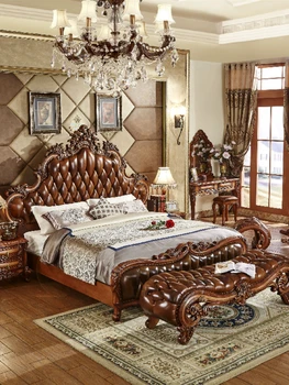Aukštos kokybės Europos stiliaus lova dvigubos odos big lova, vila, prabangūs medžio drožyba antikvariniai miegamojo odos meninis vestuvių