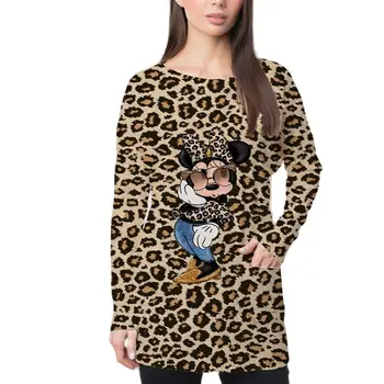 Disney Mickey Print Long Sleeve T Shirt Rudenį Moterys Prarasti Kišenėje Ponios Viršų Leopardas Spausdinti Animaciją Marškinėliai Ilgi Moteriški Marškinėliai