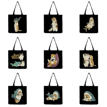 Ekologinio Daugkartinio naudojimo Animacinių filmų Gyvūnų Katė Spausdinti Moterų Kelionių Rankinės Lauko Pirkinių Krepšys Moterų Pečių Maišą Vaisių Krepšys, Sodo Atsitiktinis