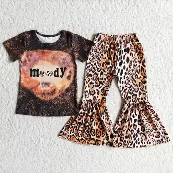Kūdikių Mergaičių Leopard Komplektai Kūdikiams Trumpomis Rankovėmis Moody ' S Shirt Bell Bottom Cheetah Kelnės Vaikams Drabužių Rinkiniai Vaikams Boutique Rinkiniai