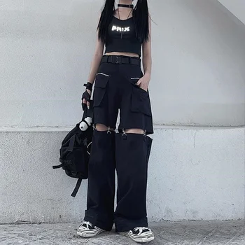 Moterų Kelnės Gotikos Techwear Juoda Krovinių Kelnės Moterims Punk Negabaritinių Tuščiaviduriai Iš Plataus Kojų Kišeniniai Kelnės moterims Goth Hip-Hop