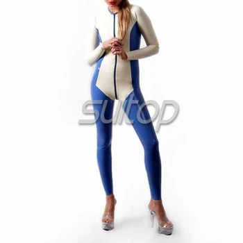 Moterų Suitop latekso rankų klijuoti catsuit latekso gumos zentai white ir blue skye