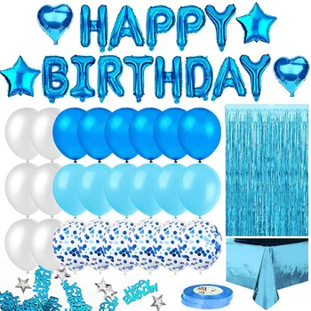 Mėlyna gimtadienio, gimtadieniu, reklama, dryžuotos užuolaidos staltiesė, širdies formos žvaigždės formos aliuminio folija, konfeti balionas