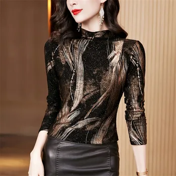 Naujas Mados Golfo Marškinėliai Megztinis Moterims ilgomis Rankovėmis Marškinėliai Vintage Black Pagrindinis T-shirt Aukso Štampavimo Tee Marškinėliai Femme