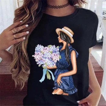 Naujas Mados Mergina Gėlės Grafinis Atspausdintas Moterų Atsitiktinis Top marškinėliai Moteriška Vasaros Black T-shirt Ladies Apvalios Kaklo Viršūnes harajuku