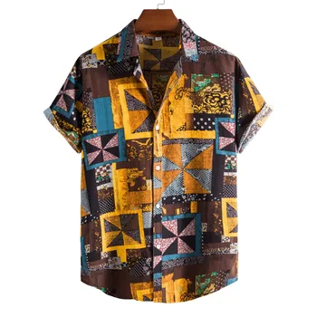 Naujas Womail Atvykimo Derliaus Medvilnės Marškinėliai Vyrams trumpomis Rankovėmis Etninės Stiliaus Gėlių Spausdinti Viršūnes Prarasti Havajų Marškinėliai Vyrams Streetwear
