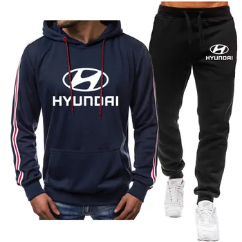 Pavasarį, Rudenį Nauji vyriški sportiniai Hyundai Motor logotipas spausdinti Mados atsitiktinis sporto 2-piece set（Hoodie+kelnės）medvilnės Mens Tracksuit