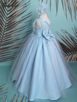 Reljefiniai Gėlių Mergaičių Suknelės Princesė Inscenizacija Suknelė Kieto Satino Vieną Petį Princesė Linijos Šalis Suknelė Pirmos Komunijos Suknelė