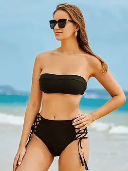 Retro Juoda maudymosi Kostiumėliai Moterims 2022 Seksualus Bandeau Bikinis Moterų maudymosi kostiumėlį Aukšto Juosmens Tvarstis Paplūdimio Maudymosi Kostiumą Mujer Wrap Biquinis