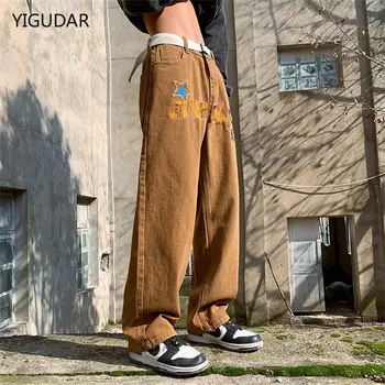 Rudas Juodas Baggy Jeans Vyrų Mados Atsitiktinis Pločio Kojų Džinsai Vyrams Streetwear Prarasti Hip-Hop Tiesiai Džinsinio Audinio Kelnės Vyriškos Kelnės