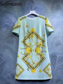 Seifrmann Aukštos Kokybės Vasaros Moterų Mados Kilimo Ir Tūpimo Tako Šalis Mini Suknelė Trumpomis Rankovėmis Spalvingas Duobute Derliaus Spausdinimo A-Line Dresses