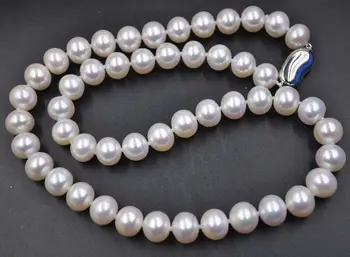 SPALVINGAS, labai blizgesį 9-10mm baltas nekilnojamojo perlų vėrinį 925 užsegimas