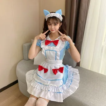 Trumpas Rankovės Mergina Japonijos Cute Cat Baltos Spalvos Tarnaitė Suknelė Tarnaitė Mėlynas Kostiumas Lolita Lolita Anime Kostiumais Inkaro Cosplay Su Laivapriekio