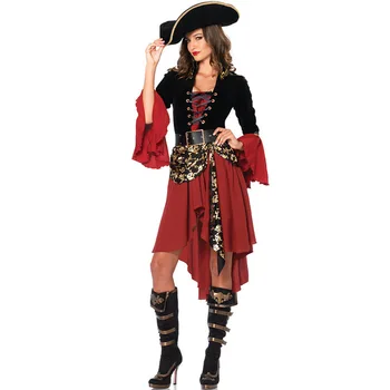 Moterų Helovinas Gotikos Karibų Piratų Cosplay Kostiumas Suknelė, Skrybėlė Šalies Drabužių Etape Animacija ispanijos Piratų Mergautinė Kostiumas